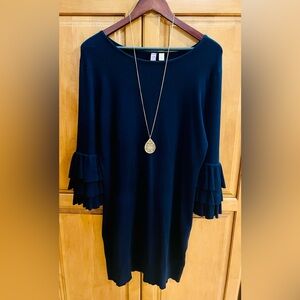 Navy Sweater Dress with Pleated Bell Sleeves | Size Large